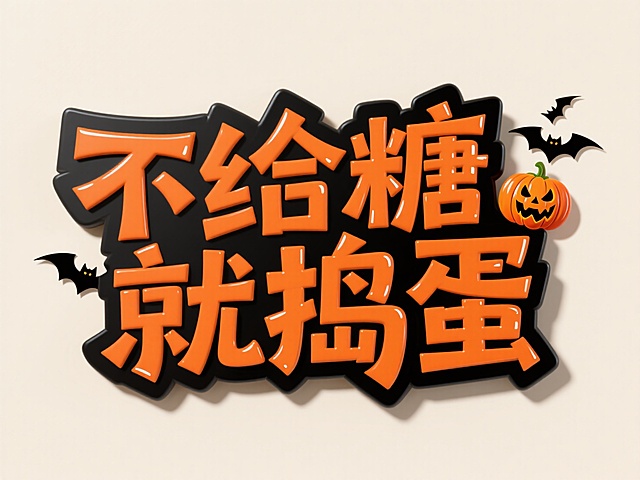 橙黑双层字体结构"不给糖就捣蛋"。创意惊悚字体设计，蝙蝠、南瓜等万圣节元素嵌入字体，米白色背景，高纯度配色。