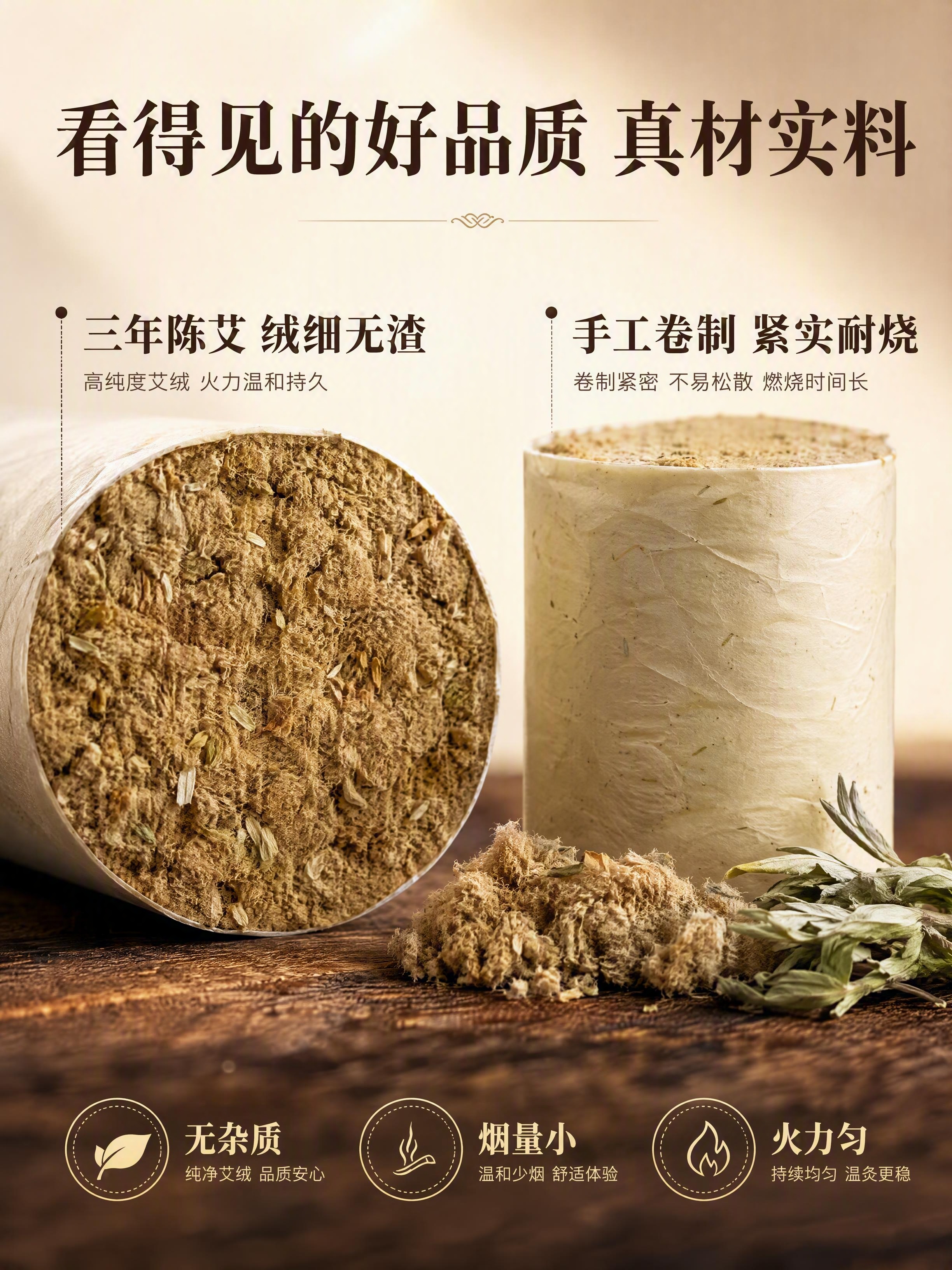 [第7张] 详情页产品细节页-艾绒质地与卷制工艺微距特写。本张… - 图片创意预览