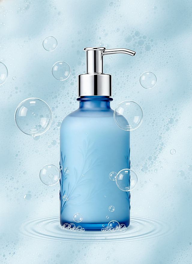 产品竖立在柔软的泡沫背景中，周围漂浮着气泡、水波纹和抽象泡沫图案，整体色调为浅蓝色系。梦幻唯美风格，高清写实，光影柔和，高级护肤包装设计，极简而富有艺术感，商业摄影级质感。