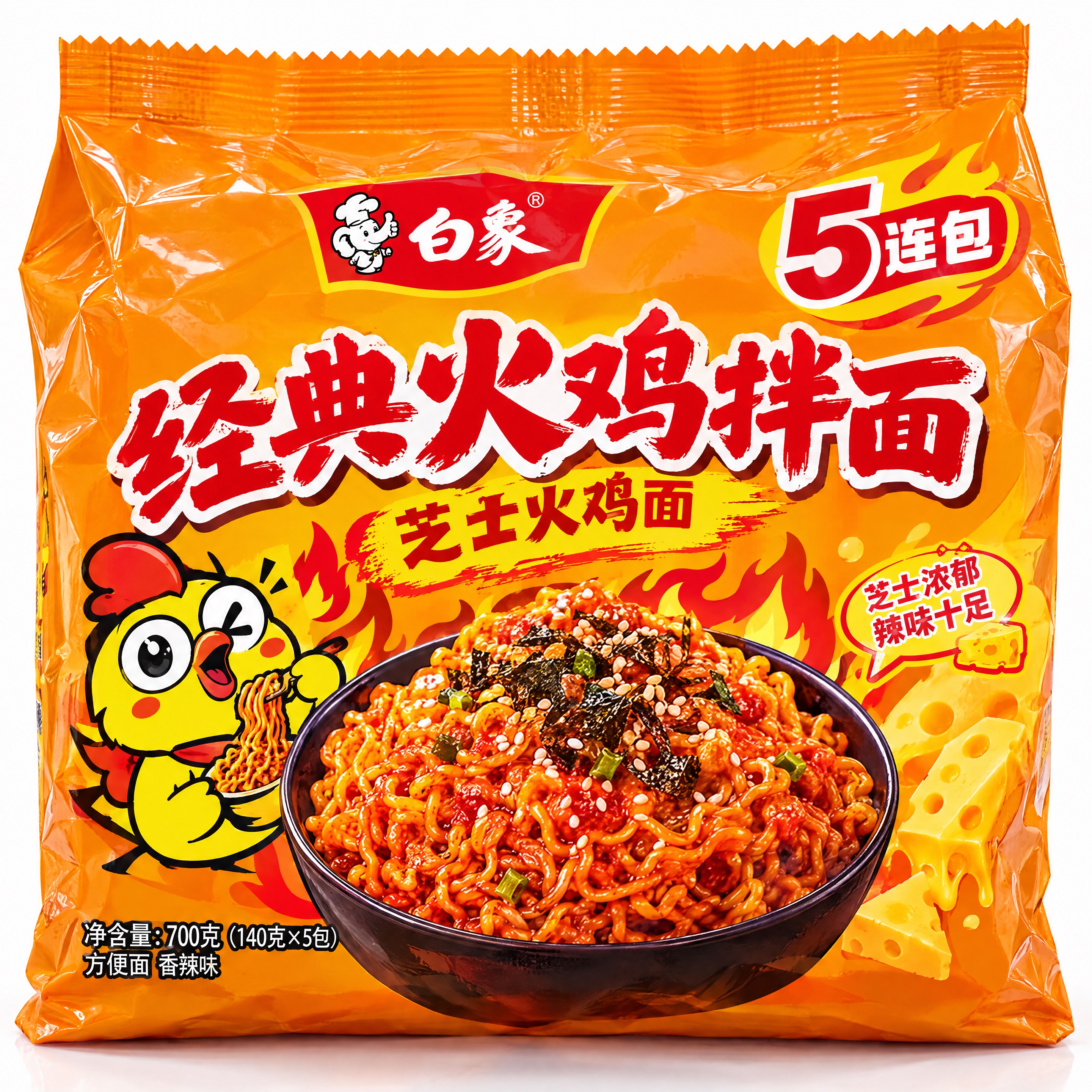 火鸡面五连包大袋装包装设计，橙黄色主色调包装袋，顶部有锯齿封口… - 图片创意预览