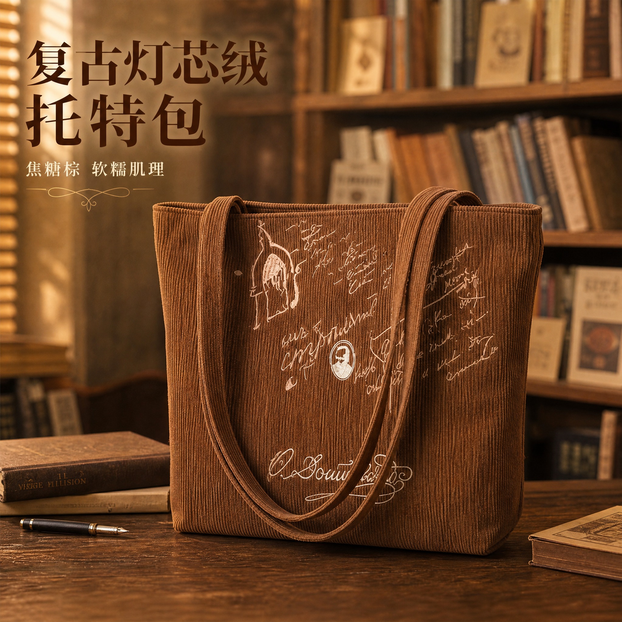 [主图-1] 复古焦糖棕灯芯绒托特包正面单品展示，突出包型与复… - 图片创意预览
