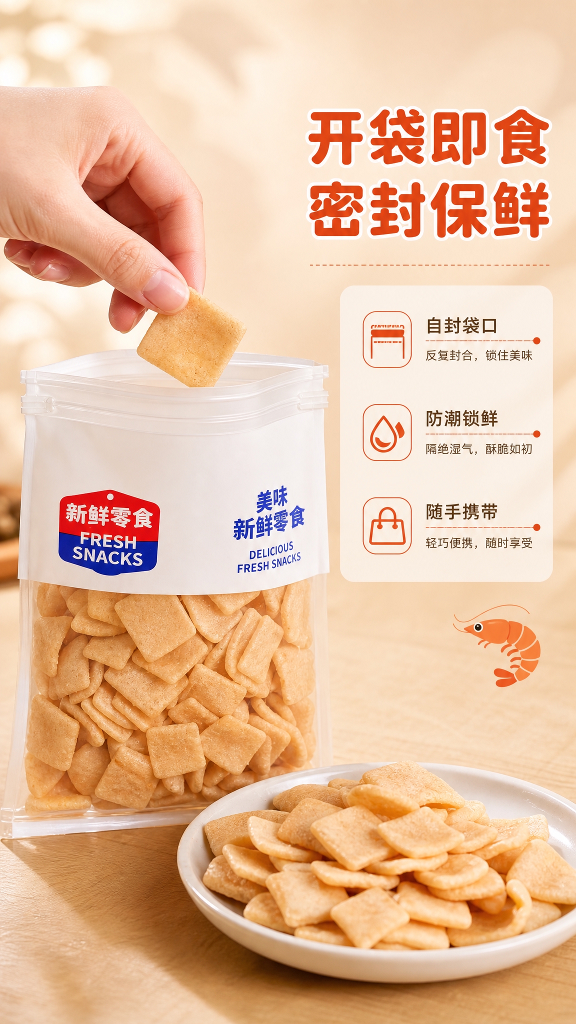 [商品] 使用【图5】袋装虾片产品图 + 【图3】手捏虾片图；… - 图片创意预览