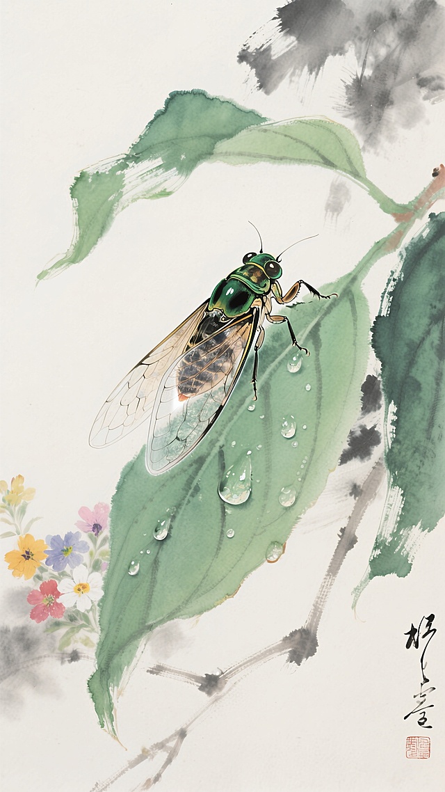 一只蝉趴在嫩绿的树叶上，蝉的翅膀上挂着晶莹的露水，背景为树叶旁边点缀着几朵鲜艳的小花，色彩柔和，与嫩绿的树叶形成鲜明对比。整体画面宁静清新，展现出夏日自然的美感与禅意。