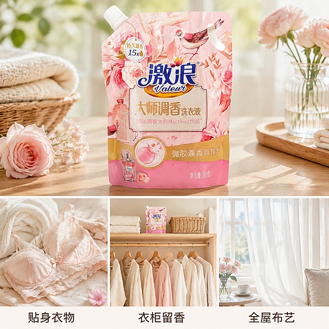 [主图-5] 多场景适用展示宫格图。
[氛围风格] 实用生活化，清晰直观；
[画质] 商业摄影质感、光线柔和通透、产品清晰真实、画面干净高级。
[元素] 主体产品放在顶部通栏，下方宫格分成三个小场景：第一格展示洗后的贴身衣物，第二格展示家庭衣柜留香场景，第三格展示洗后的窗帘布艺。保持洗衣液包装袋外观（物理结构、材质质感、颜色）与输入产品图绝对一致，杜绝任何变形和色差，精细化处理。整体布局工整，每个场景都清晰展示用途。
[光影] 每个小场景光线统一为明亮自然光，整体通透一致，无明显明暗差。
[配色] 浅暖家居色调，统一和谐，主体产品突出。
[视角构图] 顶部主体加下部分三宫格，信息分区清晰，不拥挤。
[文字版式] 每个场景下方配1行小字标注：「贴身衣物」「衣柜留香」「全屋布艺」，整齐对齐，字色与背景对比清晰。
[输出要求] 1:1 比例，2048*2048px，文字清晰可辨，超高清商业摄影质感。
[负向提示词] 变形，文字错乱，产品图模糊，背景杂乱，水印，电商平台Logo，场景混淆