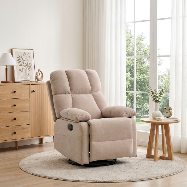 现代简约风居家角落，核心是米白色多功能休闲椅，保持其外观、设计、功能完全不变。墙面为纯净米白色，搭配浅木色地板，营造干净柔和基底。右侧是大面积白色边框落地窗，引入充足自然光，窗外是绿意盎然的树木景色，预览效果