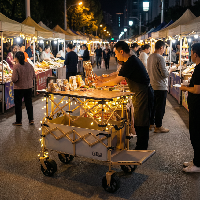 8K 超高清写实商业摄影，斜 45 度俯拍，夜晚户外夜市，灯火温馨，人潮涌动，露营推车桌面摊位亮起暖光小灯，摊主忙碌接单，顾客围在摊前选购，周围街灯光影交错，路灯亮堂环境搭配暖光主体，市井夜生活氛围，预览效果
