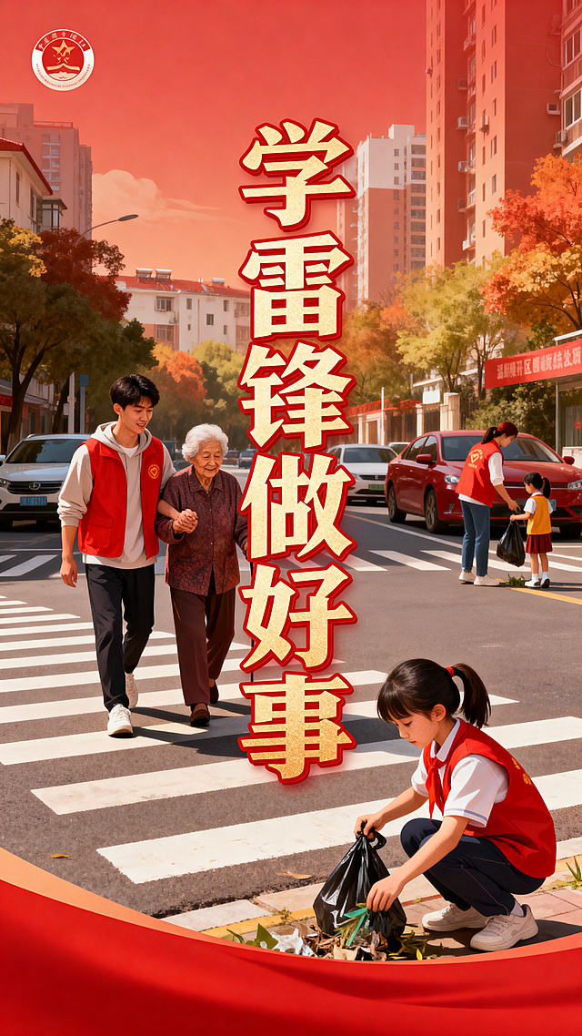 学雷锋主题宣传海报，整体红色暖色调，画面中心有醒目的艺术字体"学雷锋做好事"，背景是温暖的城市社区志愿场景，有年轻人帮助老人过马路，小朋友捡垃圾，整体风格积极向上，正能量满满，构图简洁大气，适合公益宣传