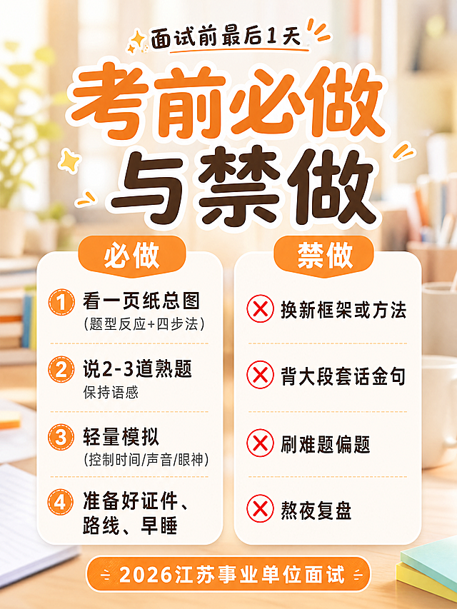 参考原图风格，调整比例为小红书常用3:4，文字更活泼年轻化适配小红书平台，模糊办公暖调背景，保留双栏必做禁做布局，主标题改为"考前必做与禁做"，顶部小字装饰"面试前最后1天"，底部橙色标签为"2026江苏事业单位面试"，必做和禁做内容和原图一致，配色更明快清新适合小红书，所有文字清晰，版式舒适，突出重点