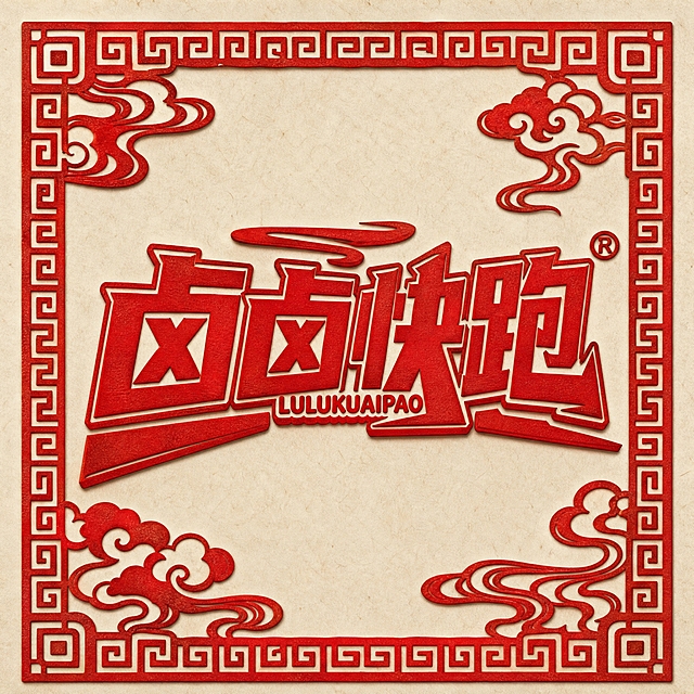 「卤卤快跑」Logo原样展示，颜色形状字体完全不变。剪纸窗花风格：Logo呈现中国传统红色剪纸效果，镂空窗花质感，边缘有细腻的剪纸纹理，背景为米黄色宣纸，带有淡淡的墨香氛围，传统喜庆年味浓，适合节日营销，画面干净雅致，Logo居中清晰突出，高品质Logo展示图。