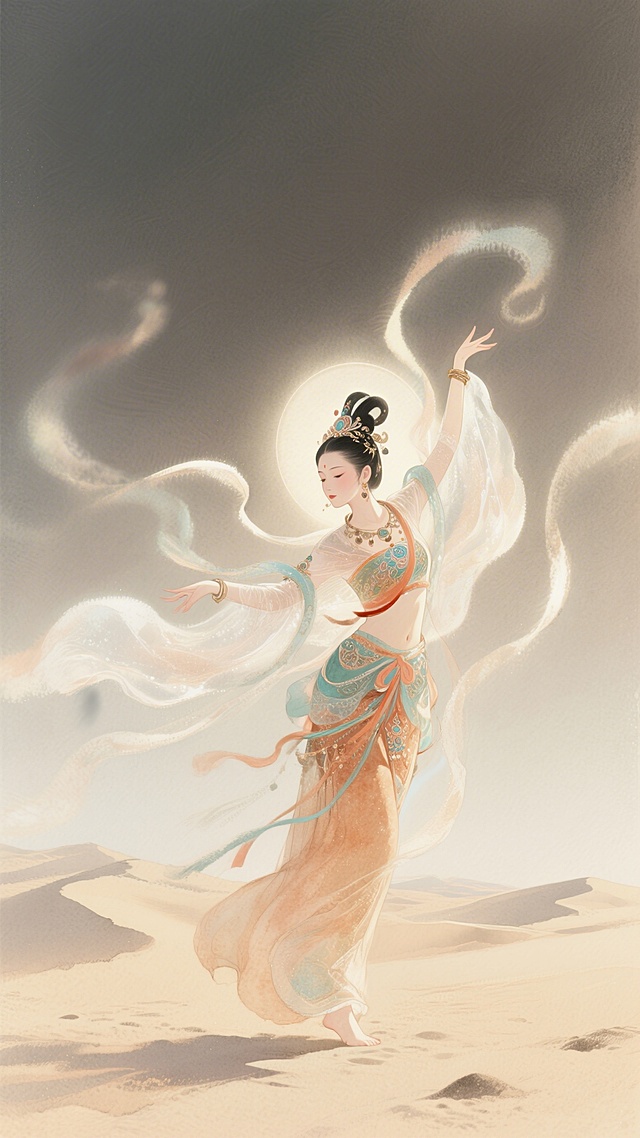 一个穿敦煌飞天服饰的女子在沙漠中起舞，暖色调，画面朦胧，清新，有美感，服饰华丽，淡彩湿画法风格