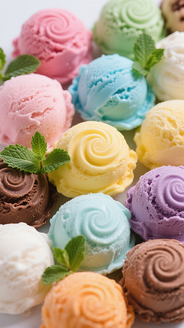 真实照片风格，俯拍视角下的多种口味冰淇淋球，色彩丰富鲜艳，包括粉色、蓝色、绿色、黄色、紫色、白色、棕色、橙色等，每个冰淇淋球表面都有细腻的螺旋纹路，部分球上点缀着新鲜绿色薄荷叶，整体构图饱满，光线明亮柔和，展现出冰淇淋冰凉细腻的质感和诱人光泽，背景简洁以突出主体。