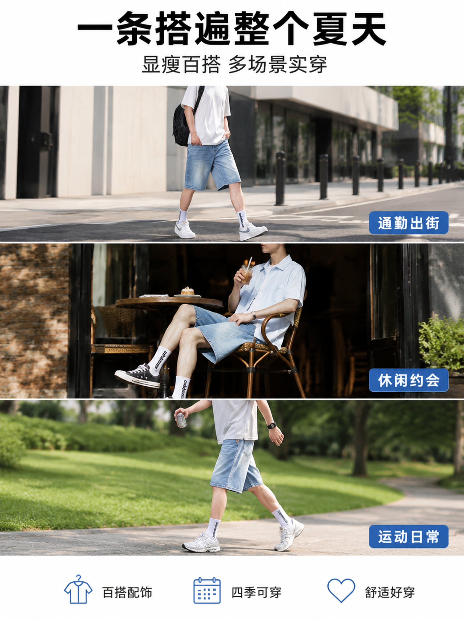 [主图-4 竖图] 天丝牛仔短裤多场景穿搭展示图，清爽城市通勤… - 图片创意预览