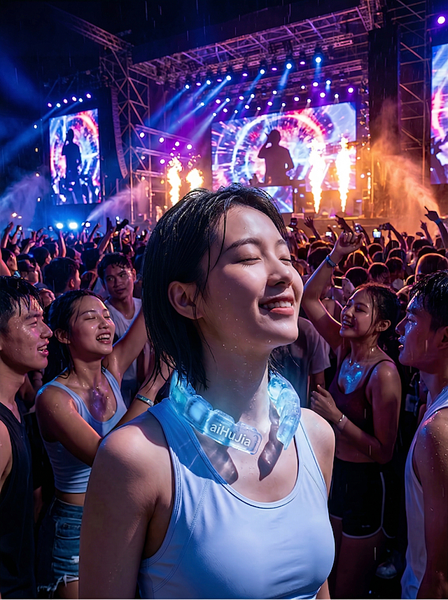 将图中人物脖子上的透明挂脖物品上的英文修改为aiHuJia，保留原有的透明度和阴影感，其他画面元素保持不变