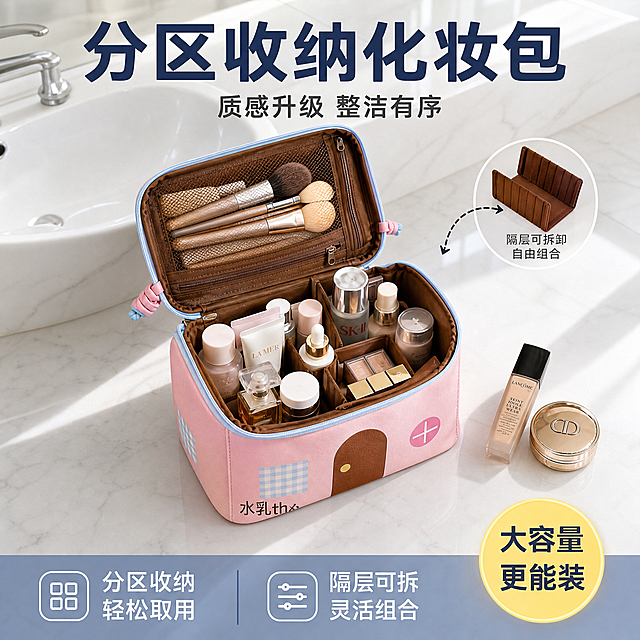 [主图-2] 分区收纳大容量展示 内部结构全开
[氛围风格] 整洁有序收纳感 浴室台面真实场景 商业摄影质感
[画质] 商业摄影质感 光线柔和通透 产品清晰真实 画面干净高级 2K超清
[元素] 粉色小房子化妆包打开盖子 内部结构完全展示 内里棕色厚海绵衬里 分区隔层清晰可见 主仓内整齐摆放各类化妆品 粉底液 精华瓶 面霜罐 眼影盘 口红等 网袋隔层放着化妆刷和粉扑 隔层可拆卸设计用小箭头标注 包身外侧房子造型完整保留 背景为白色大理石浴室台面 后方有白色洗手台边缘 镜面反射柔和光线 右侧散落两三件化妆品作点缀 展示大容量收纳能力 保持化妆包外观即物理结构 材质质感 颜色与输入产品图一致 杜绝任何变形和色差 精细化处理 商品主体占比约65% 画面满屏无边框
[光影] 浴室自然光从右上方窗户射入 柔和均匀 内部隔层有清晰光影 化妆品瓶身有高光反射 整体明亮干净
[配色] 主色白色 浅灰大理石纹 辅色粉色 棕色 强调色金色化妆品点缀
[视角构图] 45度俯视角度 打开的化妆包为视觉中心 能同时看到内部结构和外部造型 景深中等
[文字版式] 顶部居中大标题 粗体深蓝色 "分区收纳化妆包" 副标题"质感升级 整洁有序" 中号灰色 底部通栏半透明浅蓝蒙层 左右分两栏 左栏"分区收纳 轻松取用" 右栏"隔层可拆 灵活组合" 右下角黄色圆形徽章 "大容量 更能装"
[输出要求] 1:1比例 文字清晰可辨 超高清商业摄影质感
[负向提示词] 变形 文字错乱 产品图模糊 背景杂乱 水印 电商平台Logo