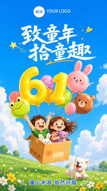致童年六一儿童节手绘插画手机海报预览效果