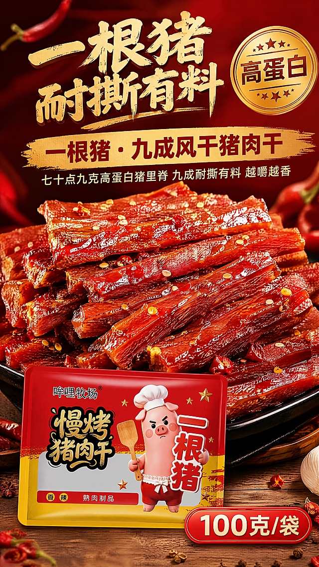 拼多多主图风格详情页首屏KV，深红喜庆渐变背景，中央堆叠大量细长条猪肉干，表面油润带芝麻和辣椒碎光泽，堆头饱满有食欲。右上角圆形金色高蛋白标章，左上角大字一根猪耐撕有料。主标题一根猪九成风干猪肉干，副标题七十点九克高蛋白猪里脊九成耐撕有料越嚼越香，底部红色胶囊标注一百克每袋。高饱和暖色调，电商主图视觉冲击力强。产品包装使用用户提供的香辣味红黄包装图，包装外观、文字、厨师小猪IP形象与参考图完全一致。竖版九比十六，文字粗大醒目手机端可读，4K高清商业摄影质感。