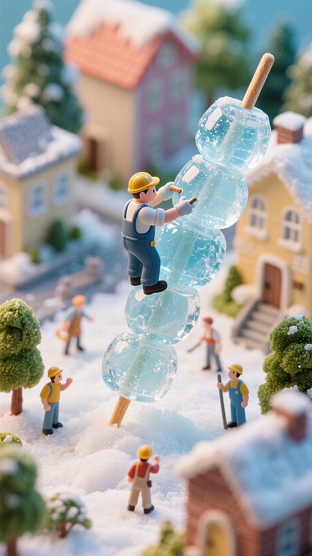 卡通3D风，微缩艺术展现梦幻趣味，小人堆砌冰块雪人，冬日童话场景。