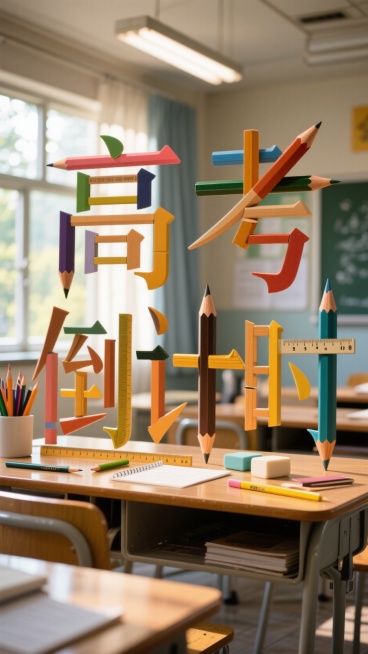 错位排列的"高考倒计时"文字，五个字的笔画由不同的文具拼接而成立在书桌上，考场背景，阳光洒下，辉光加持预览效果