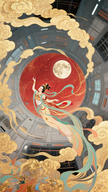 极致的仰视视角超强纵深透视，螺旋环绕构图，祥云环绕贯穿整个画面，现代的空间站内部，嫦娥呈敦煌飞天姿势从空间站内向红色调的月星空飞去，满月，超强透视预览效果
