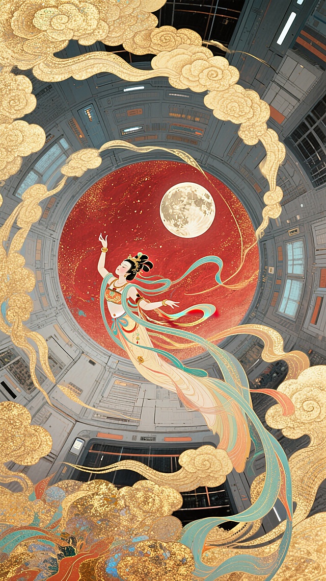 极致的仰视视角超强纵深透视，螺旋环绕构图，祥云环绕贯穿整个画面，现代的空间站内部，嫦娥呈敦煌飞天姿势从空间站内向红色调的月星空飞去，满月，超强透视
