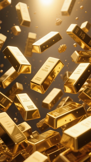 3D渲染风格，大量悬浮与堆叠的金色金条，金条表面有精细的压印纹理和点状装饰，整体呈现出极高的金属光泽感与反光效果，明亮的顶部光源照射下形成清晰的高光与柔和阴影，金色为主色调且色彩和谐统一，营造出奢华、贵重且充满动感的氛围，金条以不同角度和姿态分布，构图饱满且富有层次感，画面中无任何文字、LOGO及二维码元素。预览效果