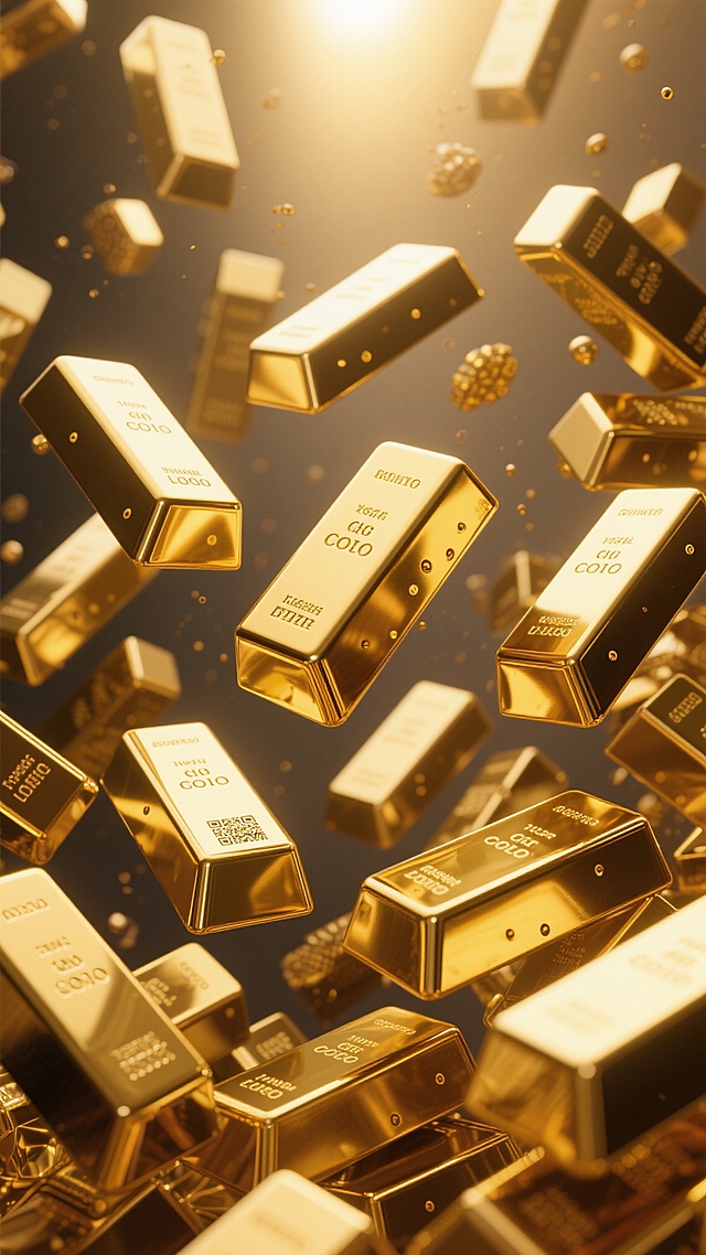 3D渲染风格，大量悬浮与堆叠的金色金条，金条表面有精细的压印纹理和点状装饰，整体呈现出极高的金属光泽感与反光效果，明亮的顶部光源照射下形成清晰的高光与柔和阴影，金色为主色调且色彩和谐统一，营造出奢华、贵重且充满动感的氛围，金条以不同角度和姿态分布，构图饱满且富有层次感，画面中无任何文字、LOGO及二维码元素。