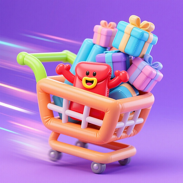 一辆购物车，车内有一个拟人化的红包（带着开心的表情，有嘴巴和红色手臂），购物车里堆满了彩色礼盒；购物车呈现出快速移动的动态感（有速度线等动态效果），紫色背景