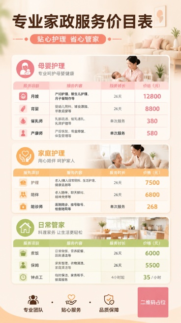 现代简约温馨风格家政服务价目表海报，主标题“专业家政服务价目表”，副标题“贴心护理 省心管家”，分三个区域清晰展示：母婴护理：月嫂、育婴、催乳师、产康师；家庭护理：护理、陪伴、陪诊师；日常管家：煮饭、预览效果