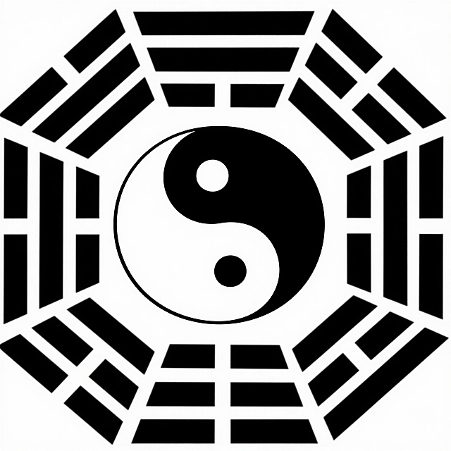 中国传统太极八卦图案，中心为黑白阴阳鱼太极图，阴阳鱼轮廓线条流畅圆润，黑白对比鲜明，阴鱼中有白色圆点，阳鱼中有黑色圆点，太极图外环绕八个黑色卦象符号，分别位于上下左右及四个斜向方位，卦象由长短横线组成，整体构图对称均衡，采用简约现代的几何抽象风格，以白色为背景，黑色为主体图案颜色，线条粗细均匀，边缘清晰锐利，呈现出简洁有力的视觉效果，具有浓厚的东方哲学韵味和符号化特征。
