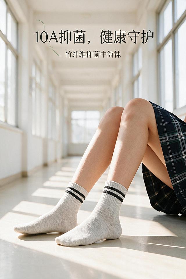 [商品] 使用【图4】浅灰色双黑条纹中筒女袜；100%继承原袜子的针织面料、纱线纹理、织物颗粒、原有双黑条纹印花、褶皱、明暗光影，袜子质感完全复刻原图，禁止重新生成袜子材质；保留袜子结构、颜色、版型全部原貌。模特不露脸，只拍摄小腿到脚部，搭配格纹百褶裙，坐姿自然放松。
[画面] 页面目标：收尾模特展示图，强化10A抑菌健康守护的核心价值与校园场景氛围感。构图：竖版中景，模特坐姿双腿自然交叠或伸展，脚部位于画面中下区域，主体占画面约60%，前景白色长廊地面，后景纵深延伸的校园白色长廊，午后阳光透过窗户洒下形成条状光影，整体氛围温暖干净有质感。阅读动线：从上至下，上方留白放标题，下方展示袜子穿着整体效果。场景：校园走廊，白色长廊，柔和午后阳光，光影通透，简约干净，电商产品实拍，高清写实。
[视觉] 套系策略：风格=电商产品实拍高清写实校园风；标题字=现代无衬线粗体中文；正文字=简洁无衬线中文；主色=浅米白+浅灰；背景延展=基于白色长廊做深浅层级、同色渐变和柔和光影质感；强调色=浅竹青绿，仅用于小面积图标、引线和标签；标题色=深炭灰；正文色=中暖灰；组件=圆角浅底信息卡、细线引线；光影=侧午后暖柔光，逆光勾勒腿部与袜子轮廓。
[文字] 上方留白放主标题「10A抑菌，健康守护」，副标题小字补充竹纤维抑菌中筒袜，文字区位于画面上部，不遮挡袜子与脚部主体。文案不用写在图片上（仅作画面主题引导，最终图不含文字）。
[规格] 图片比例2:3竖版，2K分辨率，负向提示：不露脸、不出现头部、袜子材质不改变、条纹不扭曲、颜色偏差、模糊、低画质、脏污、多余文字水印、冷蓝灰背景。
