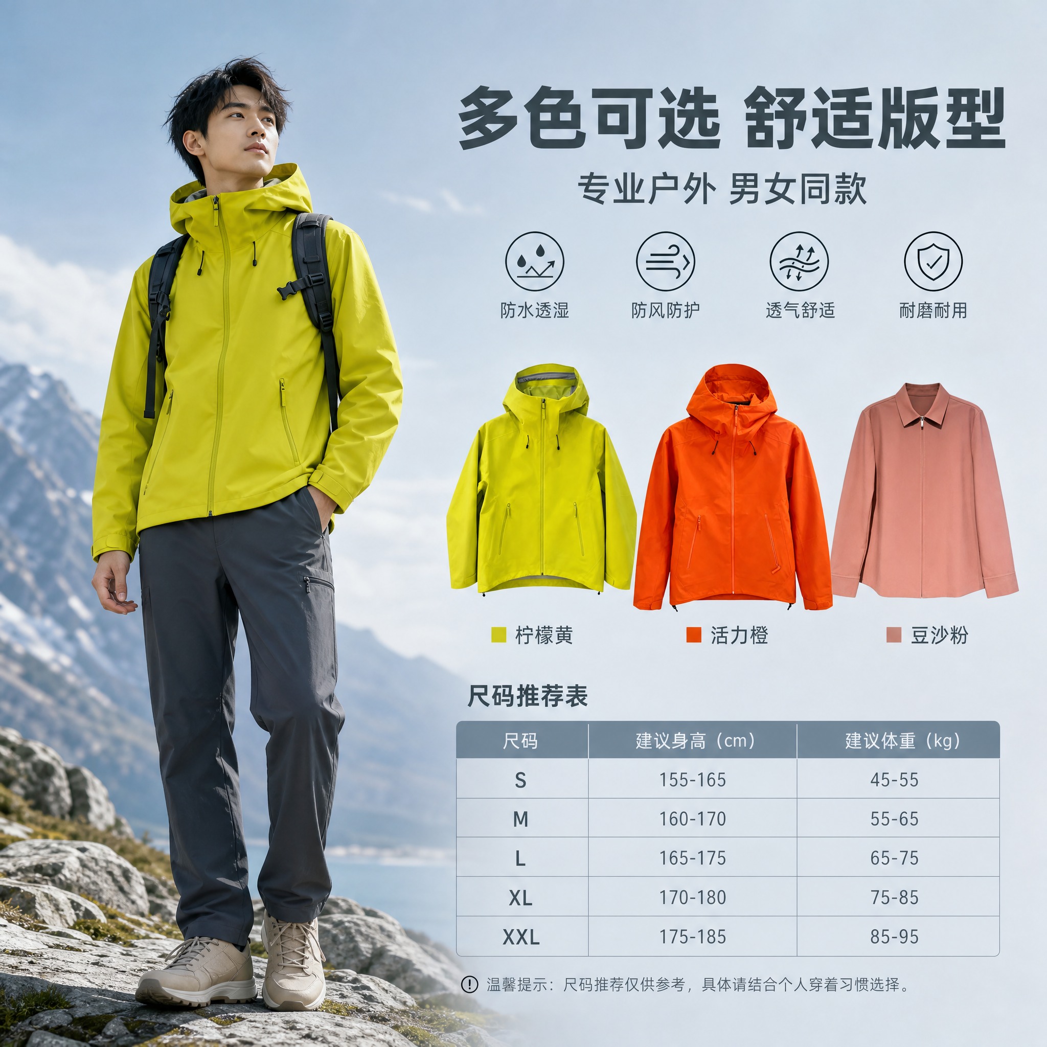 [主图-5] 多色款式与尺码补充说明图，展示冲锋衣的多款颜色和… - 图片创意预览