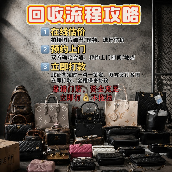 奢侈品包包回收流程攻略宣传图，保留原图片中所有的包包产品和全部文字信息，主标题不更改，包包严格参照上传产品图，完整保留所有可见组件、部件、轮廓、结构、比例、材质、颜色与产品本体上的logo信息，与上传预览效果