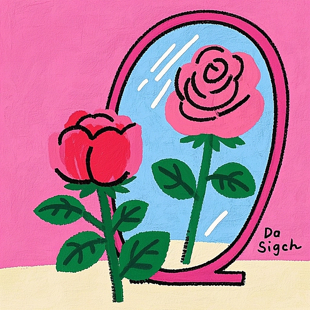 一朵玫瑰花在照镜子