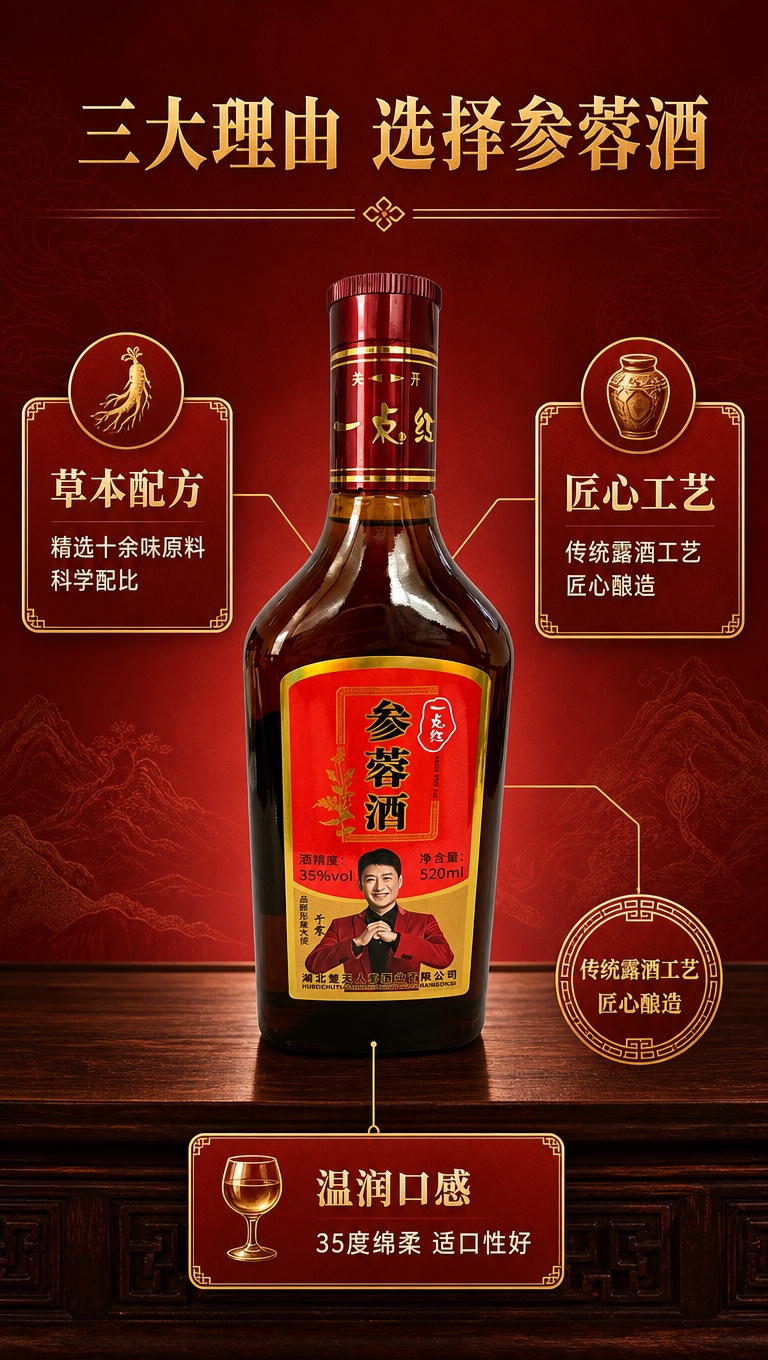 [商品] 使用【图1】一点红参蓉酒正面瓶身图；保留瓶型、红金标… - 图片创意预览