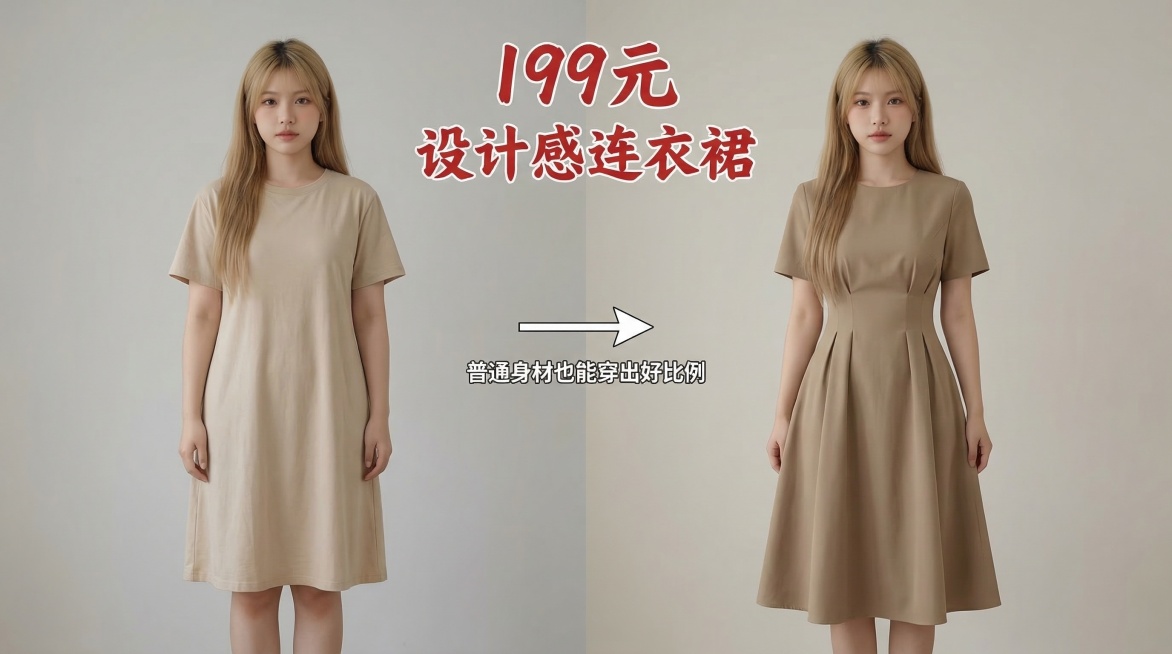 抖音主页背景图，16:9，左右分屏对比设计，简约浅灰米白纯色底，无杂乱装饰。左侧：同一位博主穿普通款连衣裙，显壮显胯宽无腰线，自然站姿，真实展示身材短板，无修图。右侧：同一位博主、同一角度、同一光线，预览效果