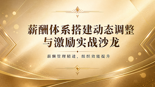 金色轻奢低调风格的企业沙龙海报，横版16:9。背景为深浅渐变的香槟金色与暗金色调，带有细腻的金属光泽纹理和柔和的光影层次，低调奢华有质感，不张扬。画面中央偏上位置是主标题，分两行排列：第一行"薪酬体系搭建动态调整"，第二行"与激励实战沙龙"，主标题字号最大，字体为优雅精致的衬线体或高级无衬线粗体，深金色或深棕色，字重700-800。主标题下方是副标题"薪酬管理精进，组织效能提升"，字号较小，深灰色或暗金色，字重400-500。画面中可加入少量精致的金色几何线条、Art Deco风格装饰元素、柔和的光斑作为点缀，增加轻奢质感。整体版式居中对齐，留白充足，排版精美，高级商务感。画面中不出现二维码，不添加其他额外内容，不出现人物、不出现时间地点等未提及的信息。画面中必须完整呈现以下文字信息：主标题分两行"薪酬体系搭建动态调整""与激励实战沙龙"，副标题"薪酬管理精进，组织效能提升"。