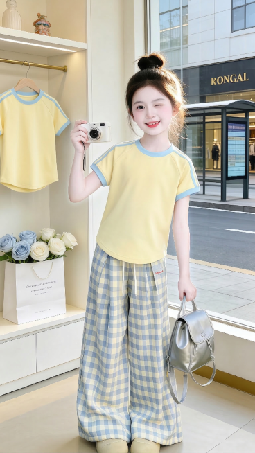 用图1的短袖给图的2的人物上身穿的衣服和后面衣架上挂着的衣服，保留原场景光影，保持图2的人物的五官和发型不变，下身穿着不变，图片宽高尺寸不变，背景不变，鞋子不变，人物姿势不变，保持图1的短袖的款式材预览效果