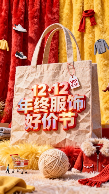 主视觉为一个大型购物袋，购物袋上展示3D文字 “12·12 年终服饰好价节”。购物袋上挂着小字标签“VIP折上折”，背景为高饱和红黄配色，微缩元素（鞋子、衣服、购物车、围巾、毛线球）装饰。预览效果