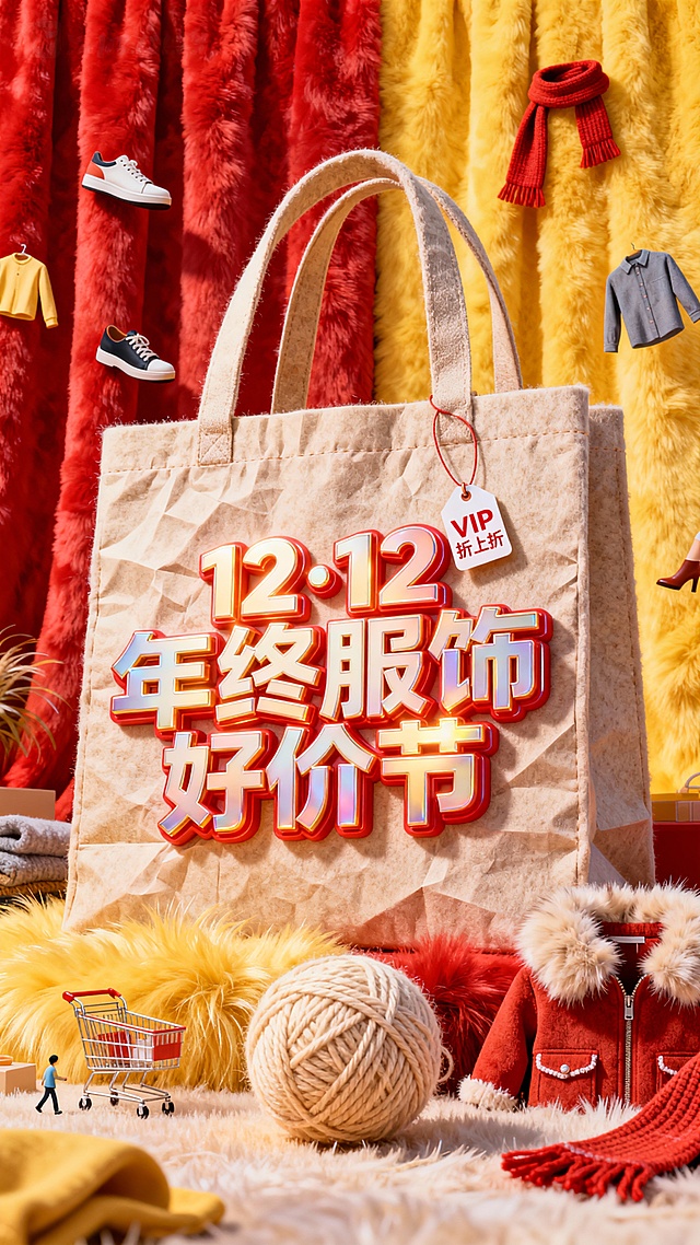主视觉为一个大型购物袋，购物袋上展示3D文字 “12·12 年终服饰好价节”。购物袋上挂着小字标签“VIP折上折”，背景为高饱和红黄配色，微缩元素（鞋子、衣服、购物车、围巾、毛线球）装饰。