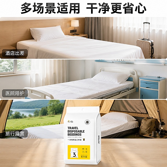 使用电商主图技能生成6张比例1:1的电商主图，适配平台为淘宝/天猫，商品为「图片1」，商品卖点为灭菌医用一次性床单被罩枕套单人床三件套医院一次性床单枕头套，