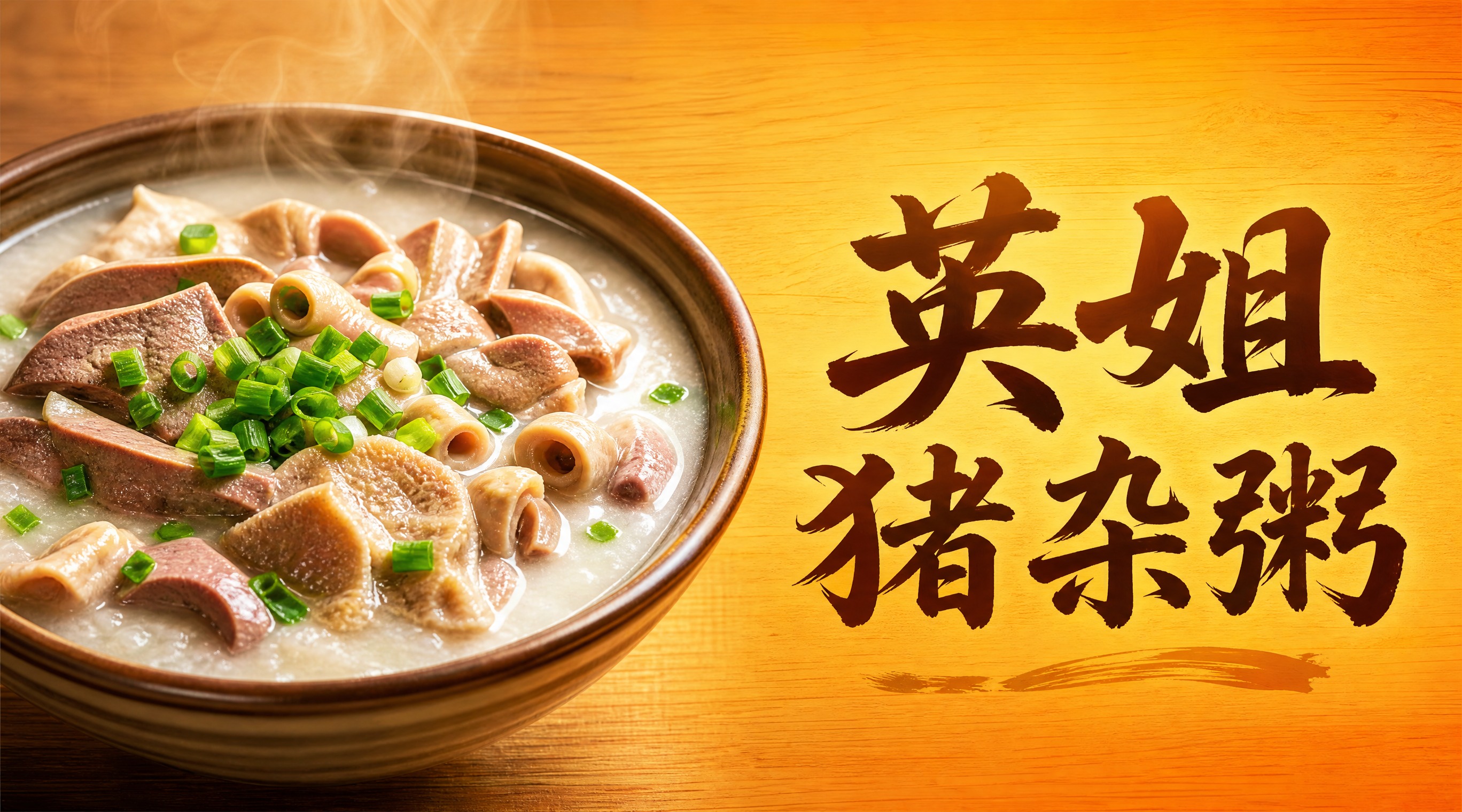 写实摄影风格的餐饮店铺店招横幅，画面左侧是一碗丰盛的猪杂粥特写… - 图片创意预览