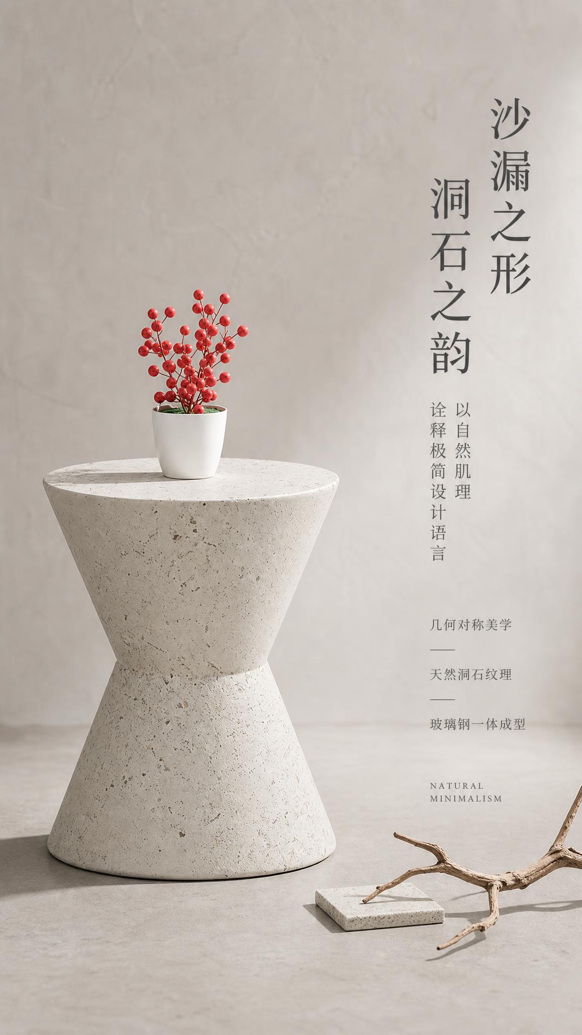 [第2张] 设计美学页-洞石色沙漏边几造型与质感叙事。本张使用… - 图片创意预览