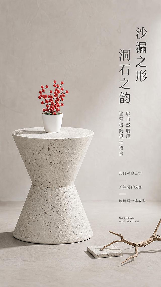 [第2张] 设计美学页-洞石色沙漏边几造型与质感叙事。本张使用【图1】作为商品主体，保持造型结构与洞石色纹理一致。
[氛围/风格] 极简侘寂美学，艺术展览级光影，高级质感商业摄影。
[元素布局] 边几居中偏左，占比约50%，纯正面展示沙漏对称造型；右侧为大面积留白文案区；背景是浅灰色微水泥墙面与同色系地面；边几旁放置一块同材质洞石小样与一支干枯枝条，呼应自然主题；边几表面洞石斑点自然分布，仿石漆肌理细腻。
[光影质感] 顶光+侧光结合，塑造沙漏立体轮廓，底部柔和投影，明暗对比突出材质肌理。
[配色色系] 全局底色 #E8E4DD 暖灰色；主色洞石灰白；辅助色深灰文字、枯木棕；点缀色无。
[视角构图] 正面平视角度，对称构图，产品居左，文案居右，阅读动线自上而下。
[文字版式] 右侧竖排文案区。主标题「沙漏之形 洞石之韵」，副标题「以自然肌理 诠释极简设计语言」；下方三段短句「几何对称美学」「天然洞石纹理」「玻璃钢一体成型」；底部小号英文「NATURAL MINIMALISM」；文字不遮挡产品。
[比例分辨率] 9:16竖版比例，4K分辨率，文字清晰可辨，高清画质。
[负向提示词] 造型变形，沙漏比例失调，洞石纹理错乱，颜色偏差，水印，文字过小，产品模糊，背景杂乱。