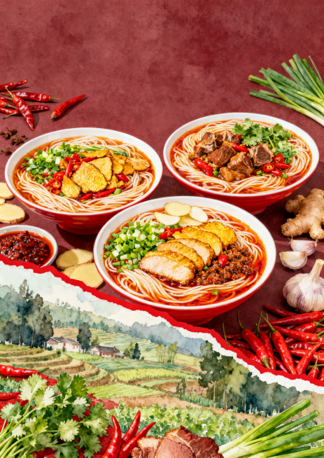 自然清新拼贴大理有风小馆餐饮海报，治愈系清新拼贴风，水彩肌理质感，暖调暖光，画面香辣诱人。拼贴式分割构图，画面前方区域为川蜀田园场景，覆盖红辣椒、蒜苗、耙肉、葱花香菜，整体叠加2PX红色描边，与背景清预览效果