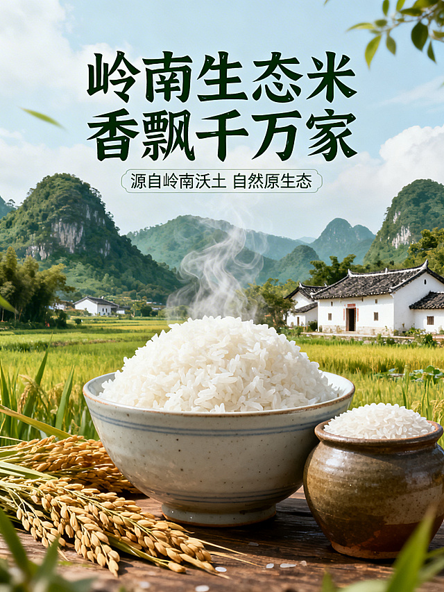 岭南绿源生态农业公司大米海报，主视觉是一碗冒着热气的白米饭，旁边摆放着稻穗和装满大米的陶罐，背景是岭南风格的乡村田园风光，有青山绿水和白墙黛瓦的农舍，上方突出显示“岭南生态米 香飘千万家”，下方标注“源自岭南沃土 自然原生态”，整体色调清新自然，充满烟火气