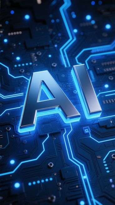 深蓝色科技感背景，电路板纹理与发光线路构成复杂网络，中央有立体金属质感的“AI”巨大字母，字母内部和边缘有蓝色光效流动，背景中散布着细小的蓝色光点和光晕，整体呈现出深邃、未来感、科技感十足的氛围，具有强烈的视觉冲击力和层次感，符合科技主题海报的设计风格，突出AI与科技的融合概念。预览效果