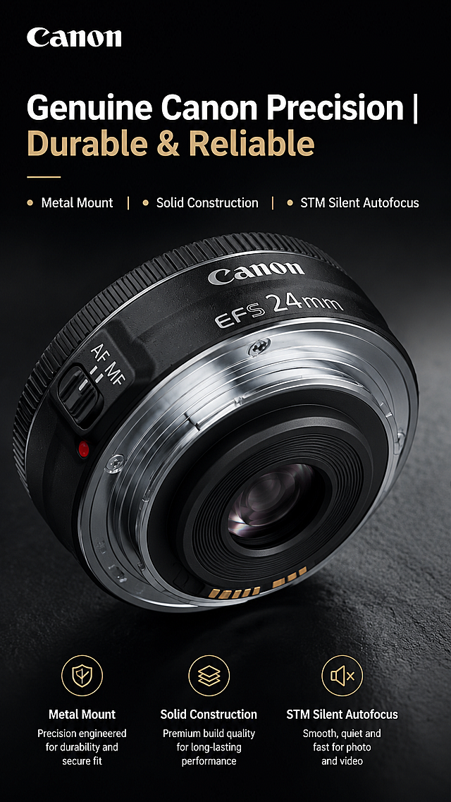 Vertical 9:16 detail page screen showcasing premium build quality, close-up shot of the metal mount, textured grip and branding of Canon EF-S 24mm f/2.8 STM lens, headline text "Genuine Canon Precision | Durable & Reliable", bullet points "Metal Mount | Solid Construction | STM Silent Autofocus", dramatic studio lighting that highlights premium textures, clean 9:16 vertical layout for mobile shopping, high-conversion design