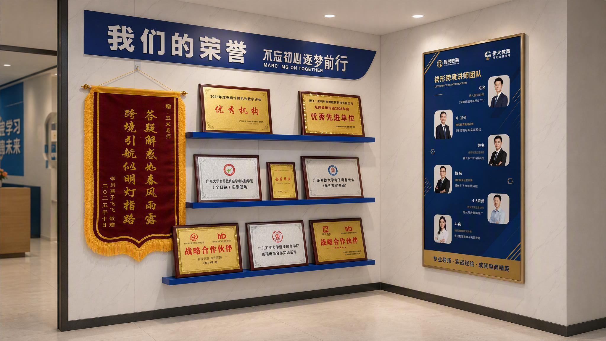 生成一个L型拐角展示墙的效果图，室内教育机构前台/走廊场景，两… - 图片创意预览