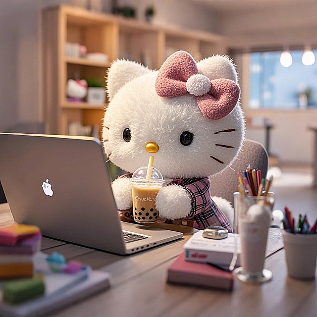 kitty cat拿着奶茶打工