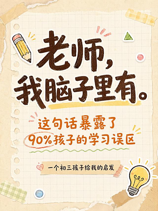 小红书笔记大字封面，手账拼贴风格，教育学习主题，版式精美，小红书笔记封面质感，适合信息流点击。主标题必须完整呈现且为画面视觉中心，逐字锁定：「老师，我脑子里有。」。副标题：「这句话暴露了90%孩子的学习误区」。底部小字：「一个初三孩子给我的启发」。背景：浅米色笔记本纸张纹理背景，带有淡淡的方格线。装饰元素：左上角一个手绘铅笔小图标，右下角一个手绘灯泡emoji贴纸，边缘有胶带贴纸效果，散落几个小几何图形贴纸。主标题字体：粗黑手写体，深棕色文字，字号大且醒目。副标题字体：稍小的圆润字体，暖橙色。整体氛围：温暖治愈、教育干货、手账记录感。画质：高清细腻，文字完整处于安全区内不可裁切，四周留安全边距。
